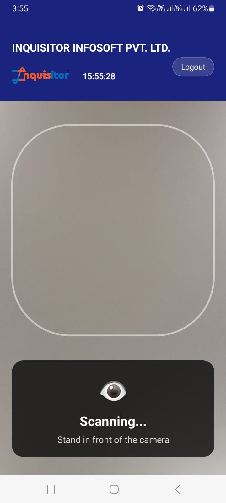 INQHRM Face Recognition Attendance System Screenshot showing employee punch-in with facial verification and geo-location