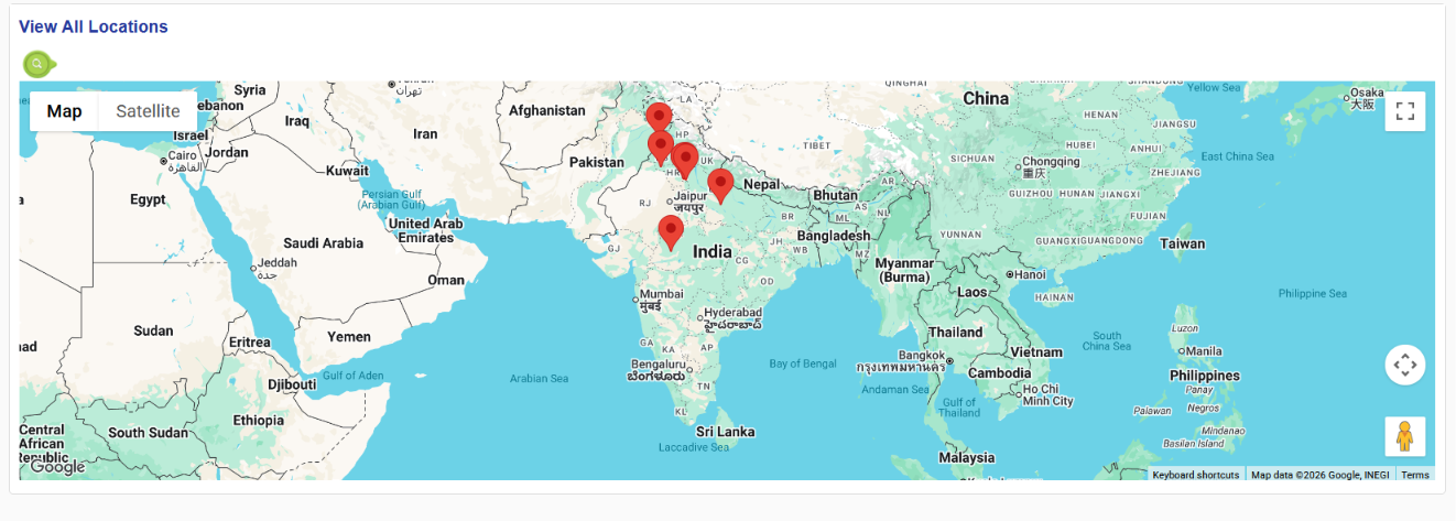 INQHRM Multi-Location Management Screenshot showing multiple plants and branches