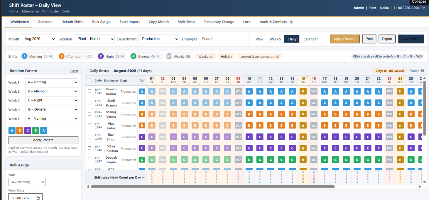 INQHRM Shift Roster Management Screenshot showing 31-day roster grid with shift allocations